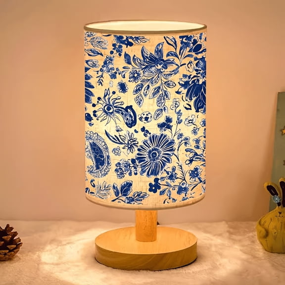 'Deep Blue Floral Pattern Night Background' Printed Ambient Bedroom Table Lamp, Suitable for Living Room Dining Table Lighting, Indoor Table Lamp with Lampshade, Decorative Lighting Table Lamp