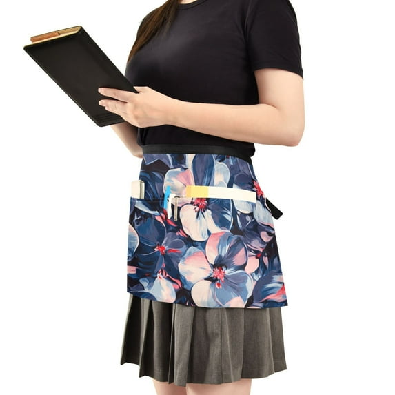 Deep Blue Flowers Server Apron with 3 Pockets Waist Apron for Waiter Waitress