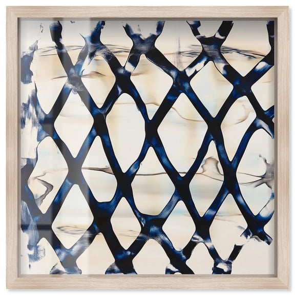 Deep Blue Interlace I Shadowbox Print Kitchen Wall Decor by Art Remedy, Blonde Frame, 40 x 40