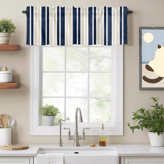 Deep Blue Khaki Stripe Valances for Windows,Kitchen Valance Rod Pocket Short Curtain, Minimalist Vertical Lines Valance Curtain Window Valances for Bedroom Bathroom Living Room 54x18in