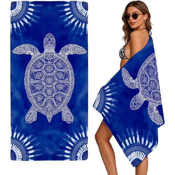Deep Blue Mandala Turtle Microfiber Beach Towel Oversized Quick-Dry Sandless Lightweight Absorbent Pool Yoga Cruise Camping Travel Bath Wrap 36x71 Inch