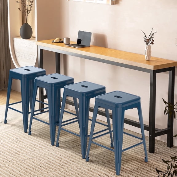 24" Metal Bar Stools Set of 4, Counter Height Stackable Backless Stools, Square Seat, Up to 300 lbs Weight Capacity, Indoor Outdoor Use ( Deep Blue )