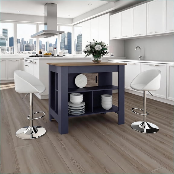 Deep Blue Modern Kitchen Island with 3-Tier Open Shelving and Spacious Worktop
