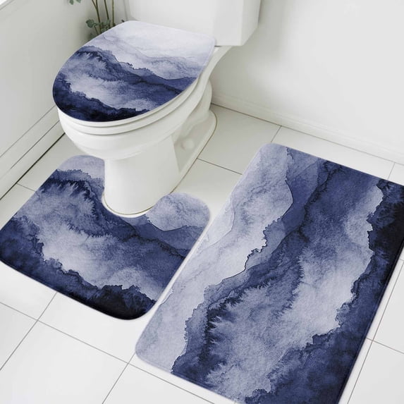 Deep Blue Mountain Gradient Bathroom Rugs Set Watercolor Texture Abstract Art Non Slip Absorbent Soft Bath Mats 3 Piece Set with Bathroom Rug, U-Shaped Floor Mat, Toilet Seat Cover Large Size