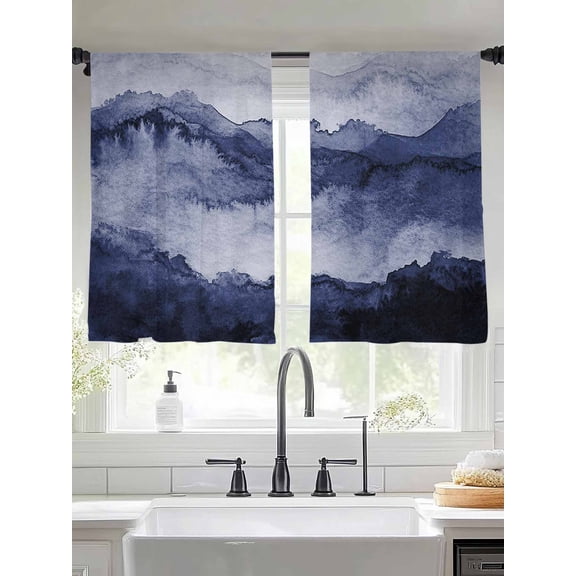 Deep Blue Mountain Gradient Sheer Curtains 45 Inches Long 2 Panels Watercolor Texture Abstract Art Light Filtering Semi Sheer Window Curtains Drapes for Bedroom Living Room 52"x45"