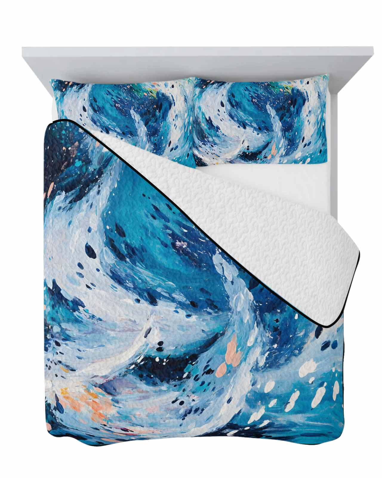 Deep Blue Ocean 3 Piece Quilt Set Queen Size, Abstract Teal Water Waves ...