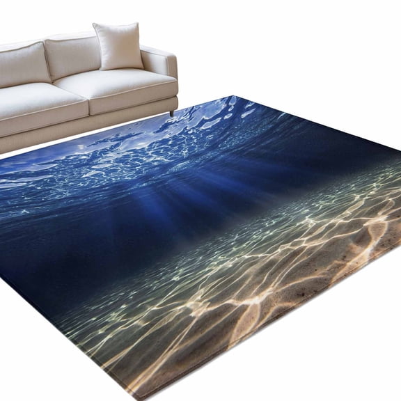 Deep Blue Ocean 6x9ft Non Slip Area Rug Underwater World Clear Water Ripple Sunlight Washable Soft Area Rugs for Living Room, Indoor Circle Carpet for Bedroom Dining Room Kitchen