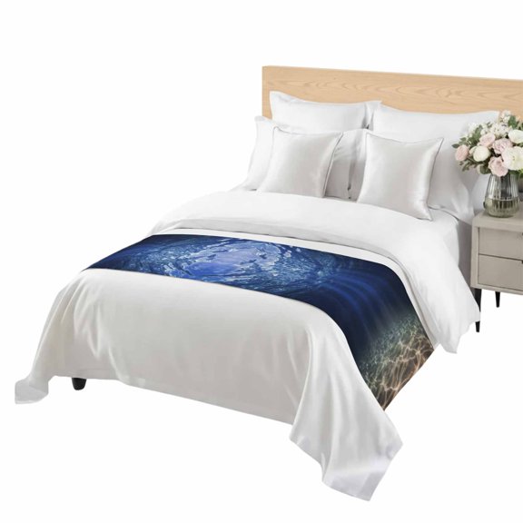 Deep Blue Ocean Bed Runner for Twin Size Bed, Underwater World Clear Water Ripple Sunlight Soft Bedding Scarf Bedding Protector Slipcover Sofa Throw for Bedroom Hotel Guesthouse
