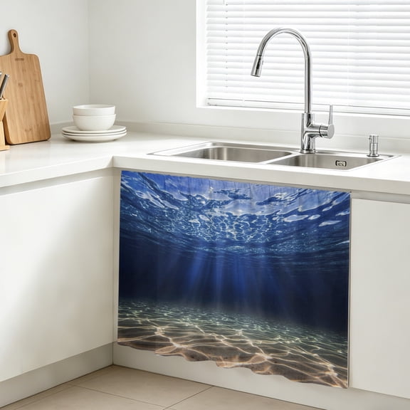 Deep Blue Ocean Cabinet Curtains for Kitchen 11"W x 13"L, Underwater World Clear Water Ripple Sunlight Vanity Cabinet Curtains Magic Tape Short Curtain Decor Privacy Panel for Bathroom Laundry