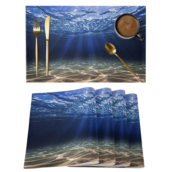 Deep Blue Ocean Cotton Linen Placemats Set of 1, Underwater World Clear Water Ripple Sunlight Washable Table Place Mats Heat Insulating Placemat for Dining Room Kitchen Daily Use 13 x 19 Inch