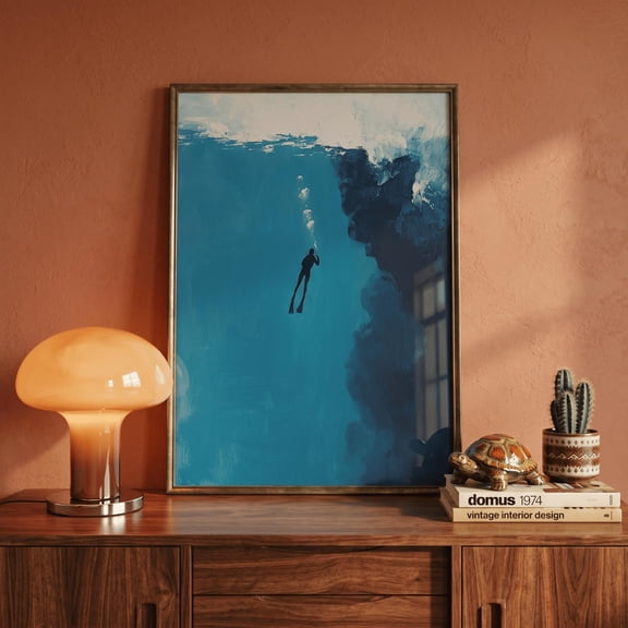 Deep Blue Ocean Print, Scuba Diver, Underwater Wall Art, Minimalist Sea Decor, Calming Coastal Poster, Vintage Swim Picture , Poster Print Only