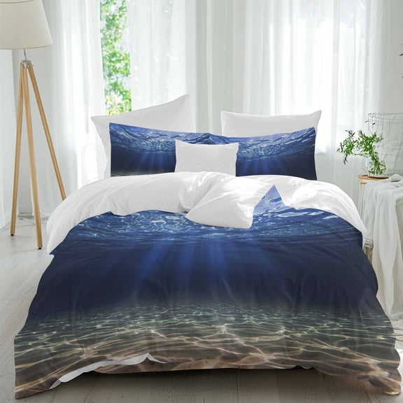 Deep Blue Ocean Queen Size Comforter Set, Underwater World Clear Water Ripple Sunlight Bedding for All Seasons, 4 Pcs Bed Set, 1Quiltcover (90"x92") ,1Sheet(94"x116"), 2Pillowcases (30"x20")