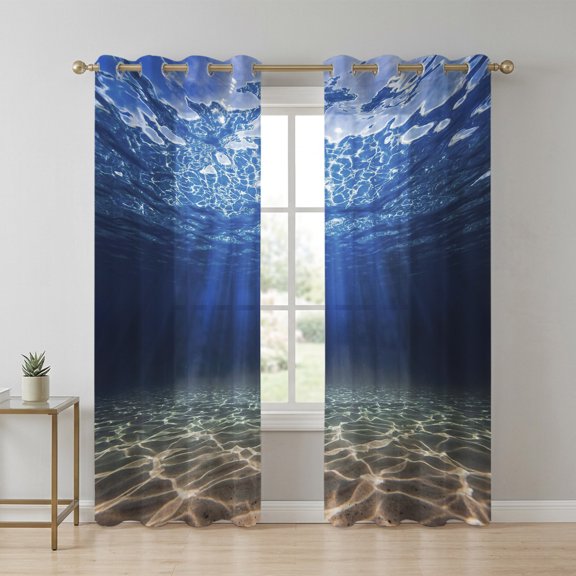Deep Blue Ocean Sheer Curtains 84 Inch Long 2 Panels, Underwater World Clear Water Ripple Sunlight Light Filtering Semi Sheer Drapes Grommet Voile Window Curtain for Living Bedroom W42 x L84