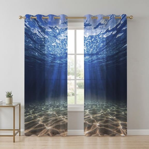 Deep Blue Ocean Sheer Curtains 96 Inch Long 2 Panels, Underwater World Clear Water Ripple Sunlight Light Filtering Semi Sheer Drapes Grommet Voile Window Curtain for Living Bedroom W52 x L96