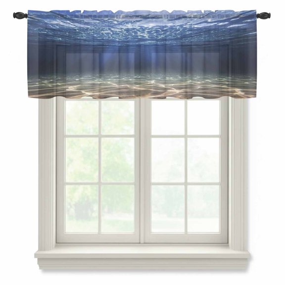 Deep Blue Ocean Sheer Valances for Windows, Underwater World Clear Water Ripple Sunlight Semi Sheer Kitchen Valance Rod Pocket Small Voile Window Curtains for Living Room Bedroom 42 x 12 Inch