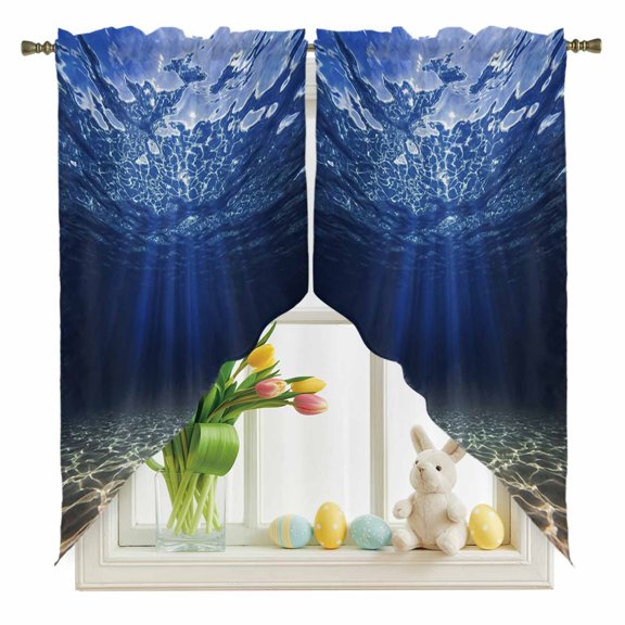 Deep Blue Ocean Swag Kitchen Curtain Valances, Underwater World Clear Water Ripple Sunlight Rod Pocket Curtains Window Treatment Decor Valances for Bedroom Bathroom, 2 Panels 36 x 36 Inch