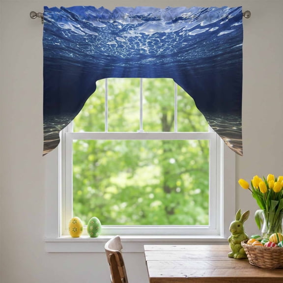Deep Blue Ocean Swag Valances for Kitchen Window, Underwater World Clear Water Ripple Sunlight Small Swag Valances Rod Pocket Curtain Drapes Window Treatment for Bedroom Bathroom, 56x36 Inch