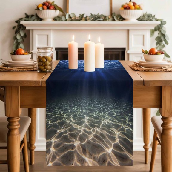 Deep Blue Ocean Table Runner, Underwater World Clear Water Ripple Sunlight Cotton Linen Kitchen Table Decoration Washable Dining Tabletop Runners for Home Party Decor 13x36 Inches