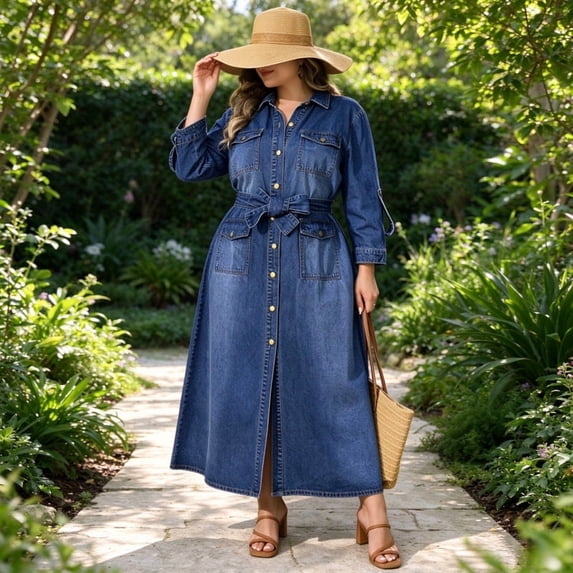 Deep Blue Plus Size Denim Dress for Women, Lapel Button Front Belted Maxi Dress for Work and Casual
