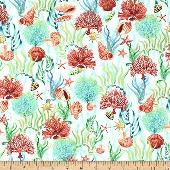 Deep Blue Sea Tossed Shells and Coral Aqua Cotton Fabric