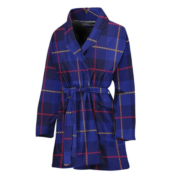 Deep Blue Stewart Tartan Women Bathrobe One Size Univeral Fits, Tartan Plaid Retro Fashion Lightweight Plush Fleece Long Robe For Women