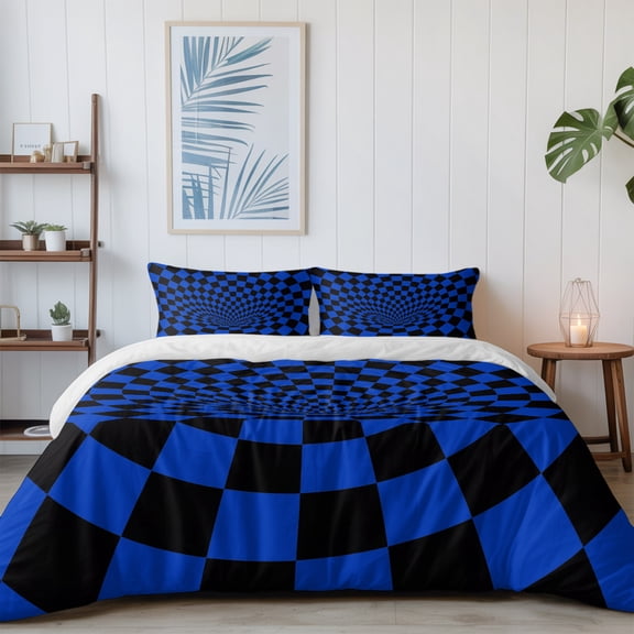 Deep Blue Swirls Black Plaid California King Size Bed Set,Abstract 3D Geometric Art Bedding for All Seasons,4 Pcs Bed Set with 1 Quiltcover (96"x104"),1 Sheet (110"x98"),2 Pillowcases (20"x36")