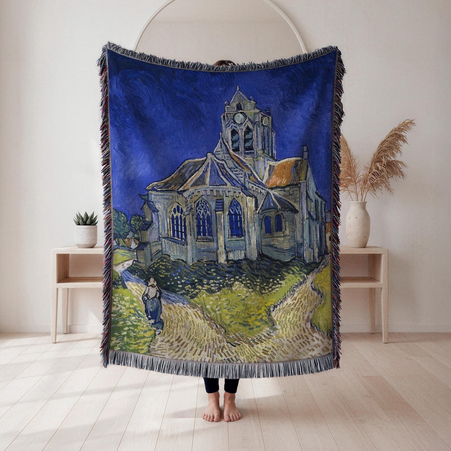 Deep Throw Toy Deep Blue and Olive Stone Church and Winding Paths Woven Throw Blanket ...