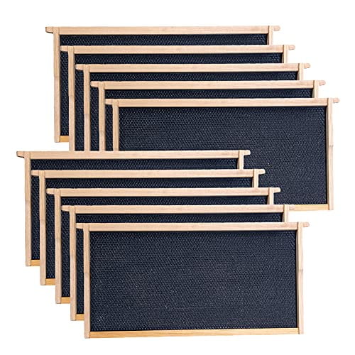 Deep Brood Beehive Frames with Wax Foundation, 10 Pack Honey Bee Frames with 100% Beeswax Coated Food Grade Foundation Sheets, 9-1/8-Inch (Black)