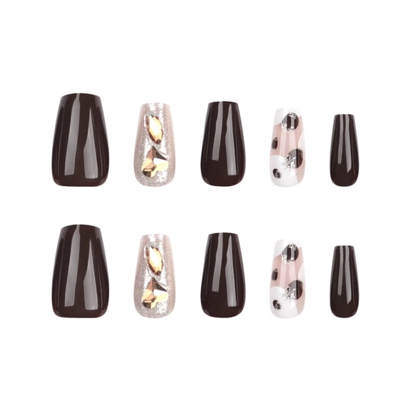 Deep Brown Polka Dot & Geometric Rhinestone Glitter Press on Nails, Medium Coffin Glossy False Nails, 30 Count