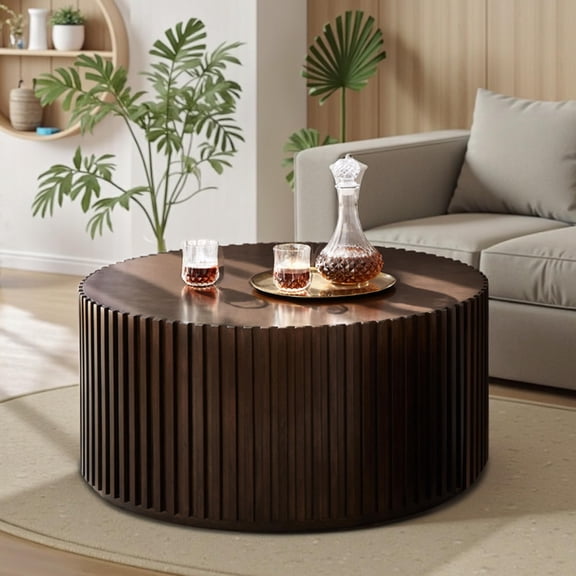 Deep Brown only Coffee Table Deep Brown Round Drum Coffee Table, Modern