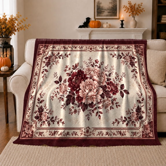 Deep Burgundy Floral Blooming Peonies Scene Living Room, Cozy Botanical Garden Scene, Warm Flannel Blanket for Sunroom and Reading Nook, Garden Lovers Thanksgiving Gift, Artistic Home Decor