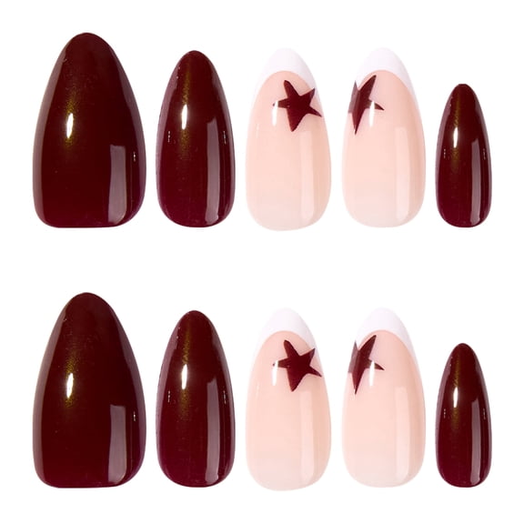Deep Burgundy Nude Pink Star Pattern Two-Tone Press on Nails, Medium Almond Glossy Finish False Nails, 24 Count