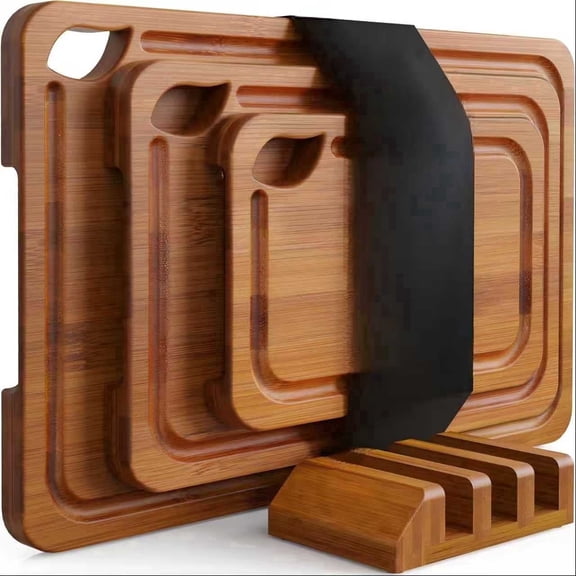 3pcs Bamboo Cutting Boards for Kitchen with Wood Storage Stand, Reversible Charcuterie & Chopping Boards with Juice Grooves and Easy-Grip Handles, Knife-Friendly, Kitchen Gift
