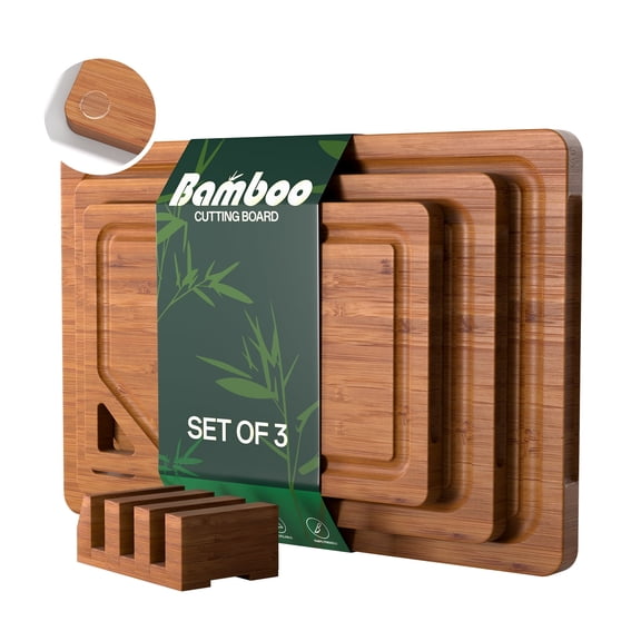 ELEKA Deep-Carbonized Bamboo Cutting Boards for Kitchen with Wood Storage Stand,Knife-Friendly, Kitchen Gift