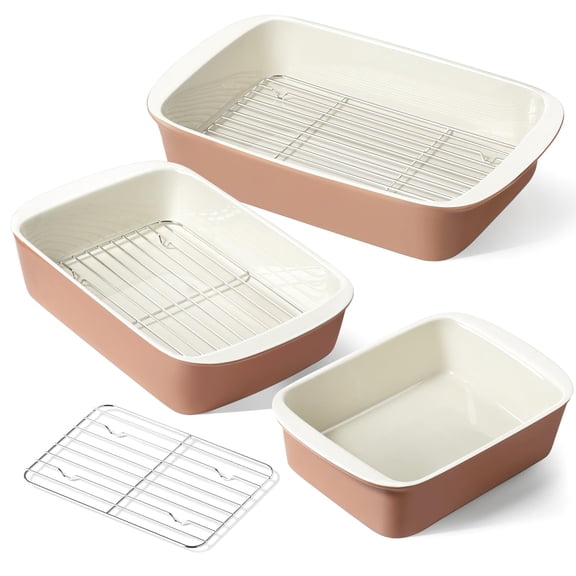 Ceramic Baking Dish Set Dusty Pink 13.7"/11"/8.3" 3-Piece Oven Safe Bakeware for Casseroles Lasagnas Roasting