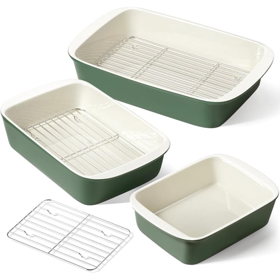 Deep Casserole Dishes for Oven, 13.7”x9.6” Ceramic Baking Dish Set with Roasting Racks, Large Lasagna Pans with Handles, Rectangular Bakeware as Gift, White (4.6QT/3.0QT/1.6QT), Set of 3