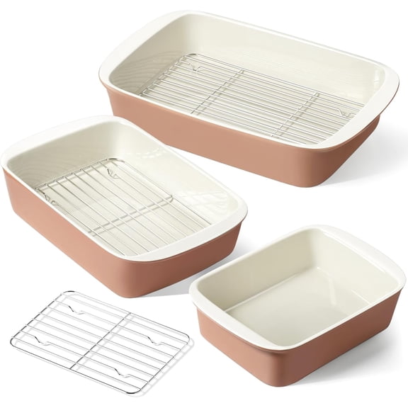 Deep Ceramic Casserole Dish Set Rectangular Bakeware with Handles 13.7 In 11 In 8.3 In Dusty Pink 3 Piece Bestseling
