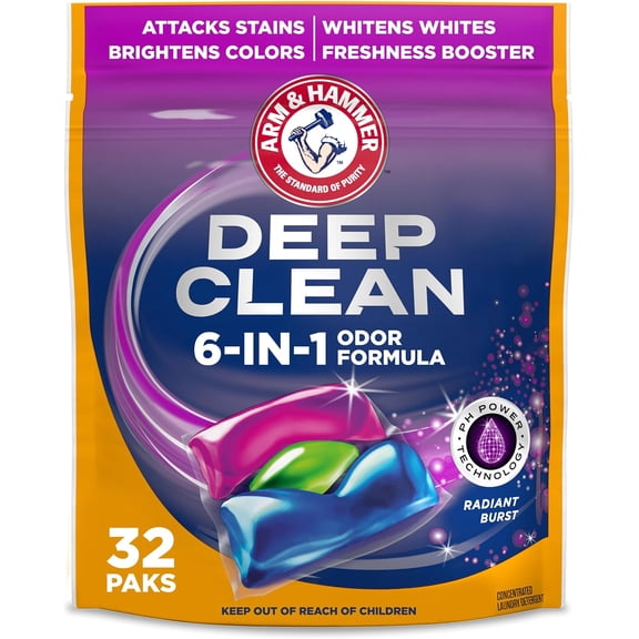 Deep Clean Odor Formula Laundry Detergent Power Paks, Radiant Burst Scent, 32 Count, 32 Loads