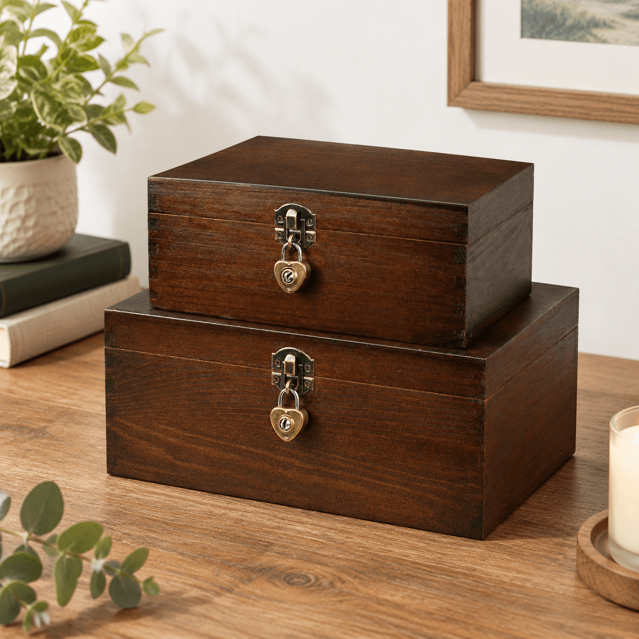 Deep Coffee Color Large + Small Lock & Keys Design Wooden Keepsake ...