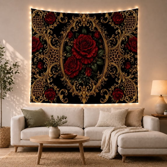 Deep Crimson Roses and Gold Filigree on Black Background, Dramatic Romantic Maximalist for Women, Opulent Baroque Floral Art, Birthday Gift, Tapestry Wall Hanging for Bedroom and Living Room