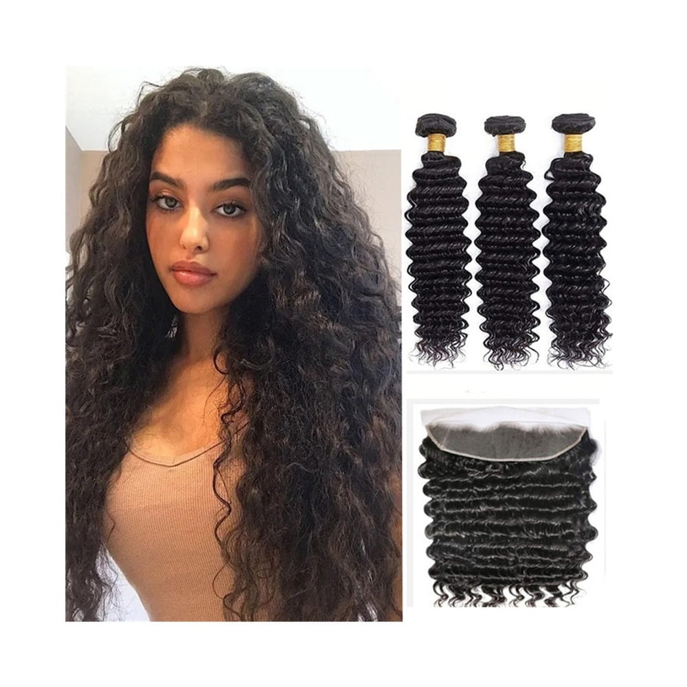 Deep Curly Wave Bundles with Closure Frontal Brazilian Human Hair Full and Thick 3 Bundles with 13x4 Lace Frontal