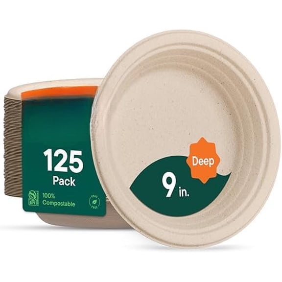 Deep Dish Paper Plates, Heavy Duty Disposable Dinner Plates [125-Pack] 9 Inch Plates - 100% Compostable Eco-Friendly, Biodegradable Sugarcane Bagasse, Natural Brown 9" Paper Plate Disposable