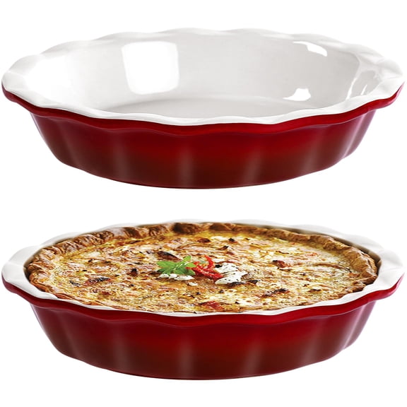 Deep Dish Pie Pan For Baking 9 Inch Ceramic Fluted Quiche Pecan Pot Pies 53 Ounce Round Plate Set Of 2 Red