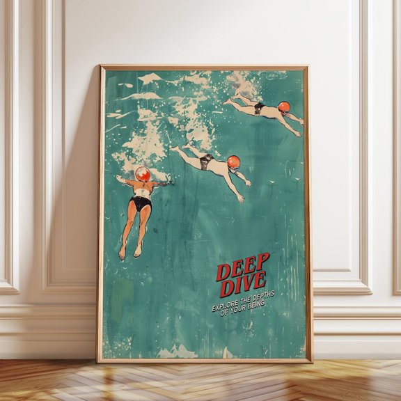 Deep Dive Retro Swimmers Wall Art Print, Unframed Paper Poster 8x10in