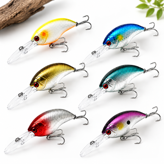 Deep Diving Crankbait Fishing Lures, 6-Pack 0.69oz 2.4in, Silent Freshwater Lures with BKK Hooks