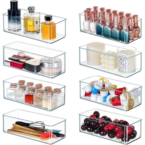 Deep Drawer Organizer Clear 8 Pack Stackable Organizers Bins for Cutlery Vanity Bathroom Drawer Organizer Tray for Kitchen Cabinet Closet Counter Refrigerator Organization and Storage
