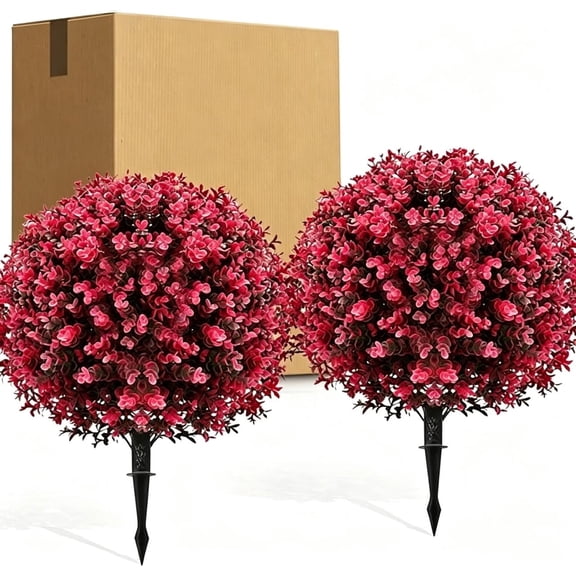 Deep Dream 24 inch Artificial Red Eucalyptus Topiary Ball Tree 2 Pack UV Resistant Faux Shrub with Ground Spike for Indoor Outdoor Garden Decor
