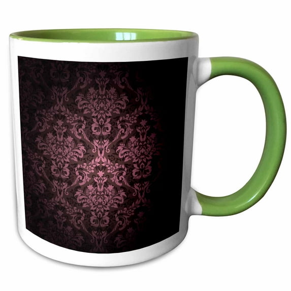 3drose, Deep Eggplant Purple Glowing Damask Pattern, 11oz Two-tone Green Mug