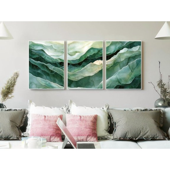 Deep Emerald Agate Prints Set Of 3, Luxury Geode Mineral Wall Art