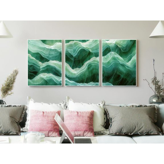 Deep Emerald Onyx Prints Set Of 3, Modern Luxury Stone Wall Art